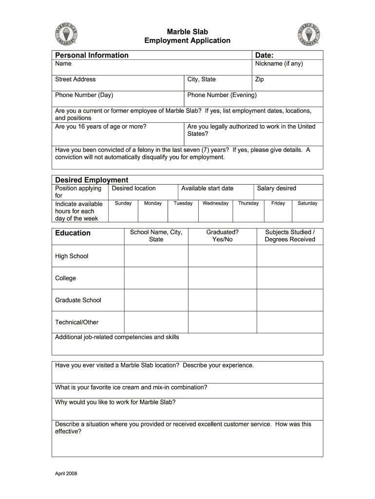  Marble Slab Employment Application 2008-2024