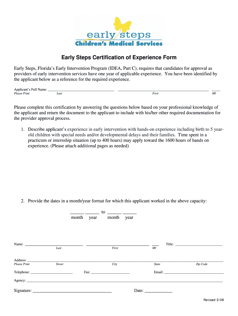  Early Steps Certification of Experience Form Children&#39;s Medical 2008