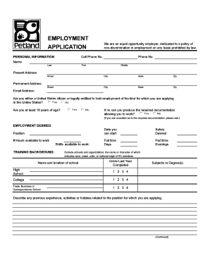 Petland Employment Application  Form