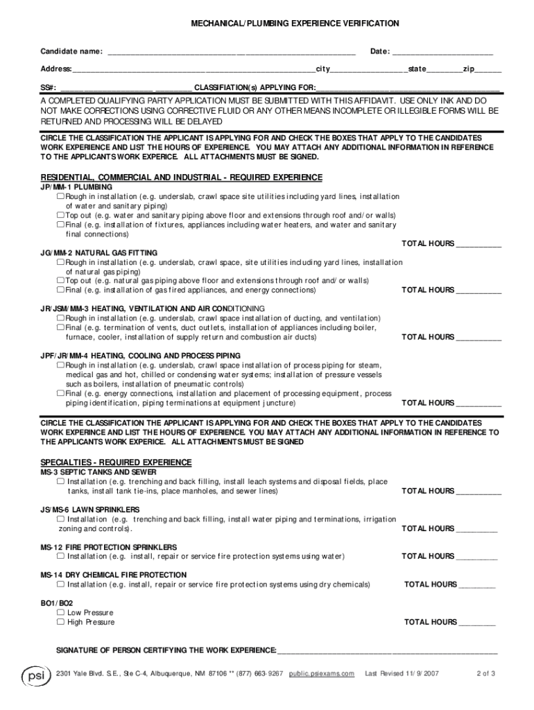 Affidavit of Work Experience  Form
