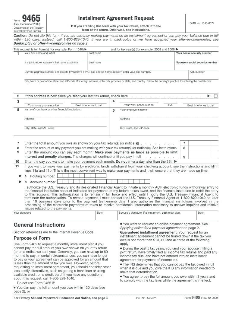 Form 9465 Installment Agreement Request