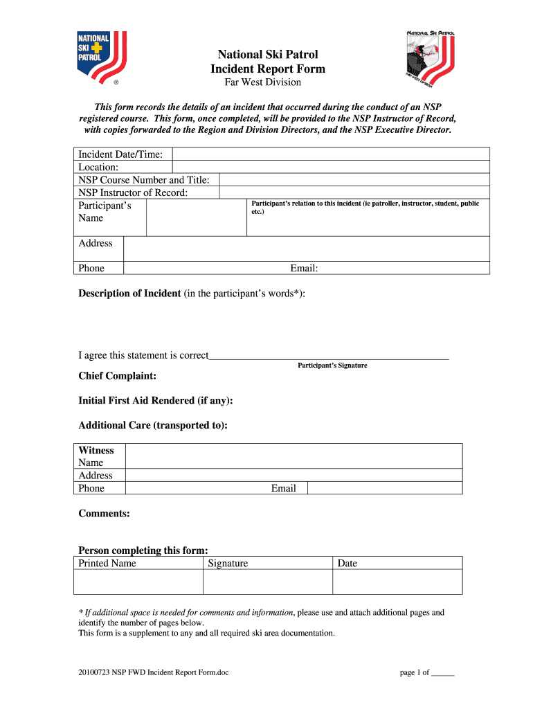 Ski Patrol Incident Report Form