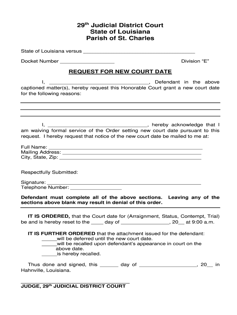 Request for New Court Date  St Charles Parish Clerk of Court  Form