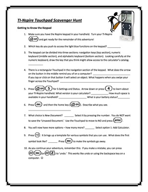 Getting to Know Your Ti Nspire a Scavenger Hunt Answer Key  Form
