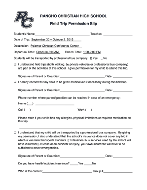 RANCHO CHRISTIAN HIGH SCHOOL Field Trip Permission Slip Ranchochristian  Form