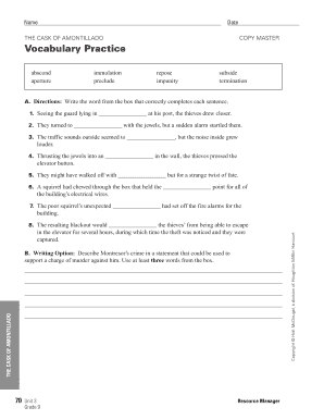 The Cask of Amontillado Vocabulary Worksheet Answers  Form