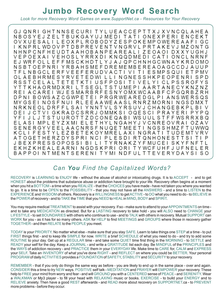 Jumbo Recovery Word Search  Form