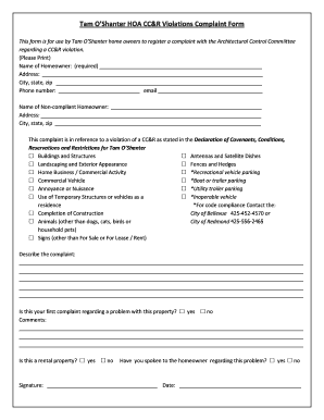 Tam OShanter HOA CCampR Violations Complaint Form Tamoshanter