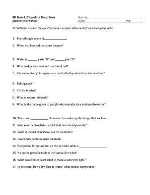 Bill Nye Chemical Reactions Worksheet  Form