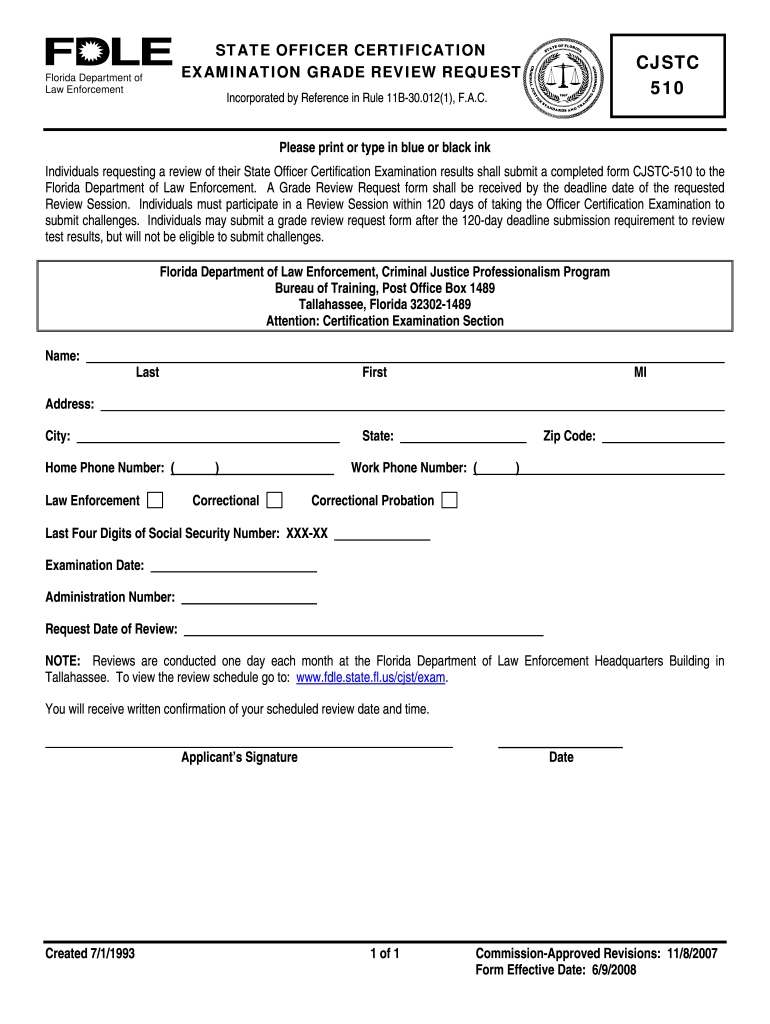 CJSTC B510b Florida Department of Law Enforcement Fdle State Fl  Form