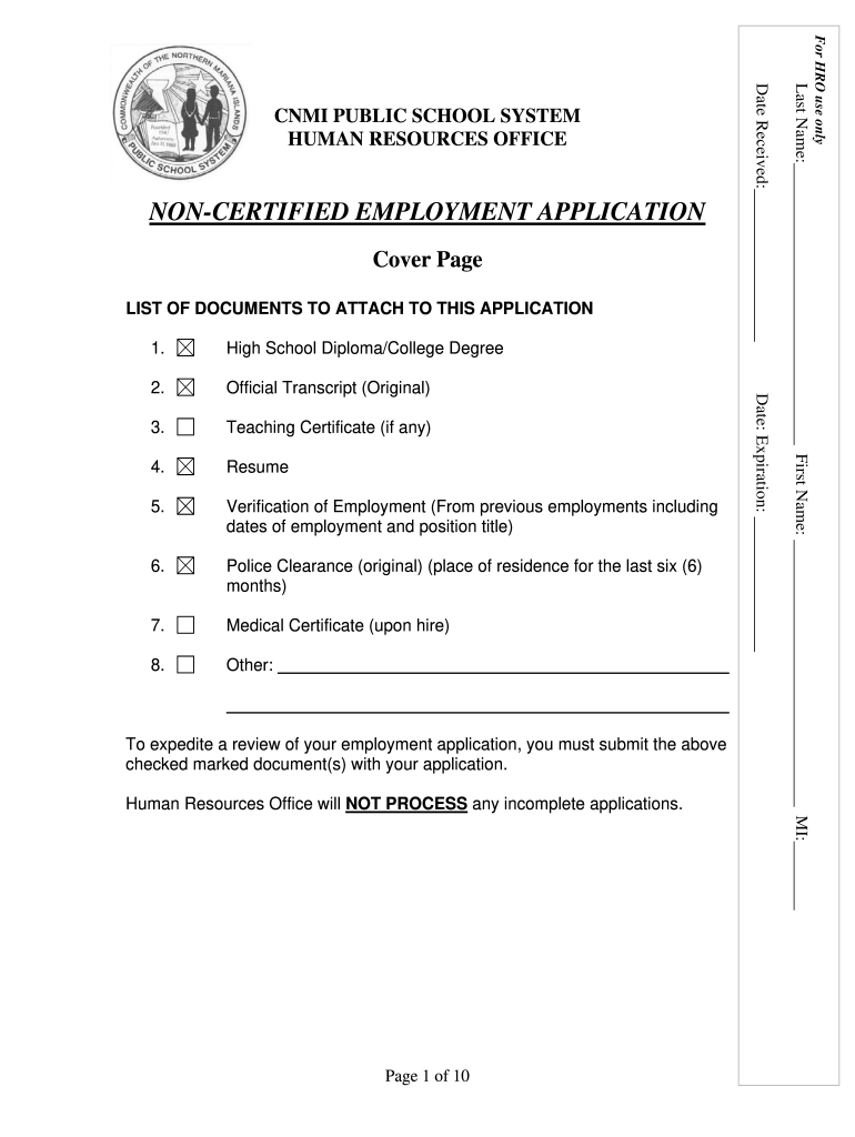 NON CERTIFIED EMPLOYMENT APPLICATION CNMI PSS  Form