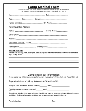 Camp Medical Form Template