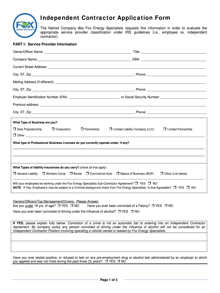 Get and Sign Independent Contractor Application Form BNelrodb 2015-2022