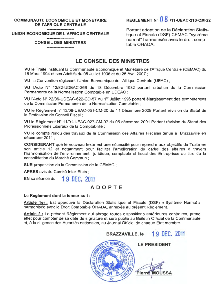 CEMAC  Reglement N0811 UEAC 210 Du 19 Decembre Portant Adoption De La Declaration Statistique Et Fiscale DSF CEMAC Systeme  Form