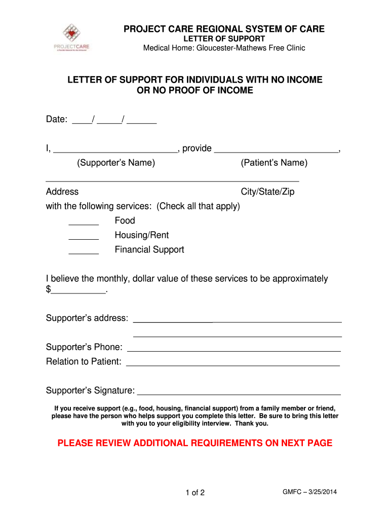  LETTER of SUPPORT for INDIVIDUALS with NO INCOME or NO 2014-2024