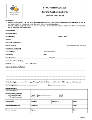 STRATHFIELD COLLEGE Refund Application Form Sc Nsw Edu