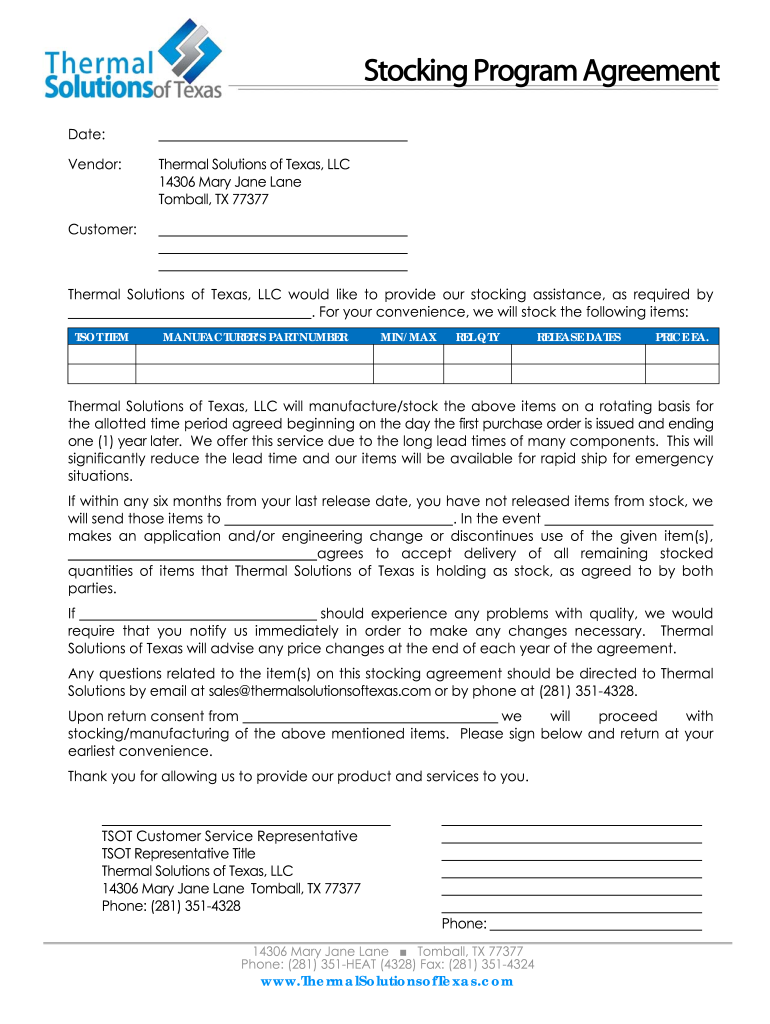 Inventory Stocking Agreement Template  Form