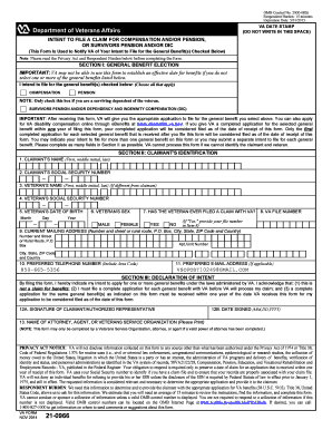 21 0966 INTENT to FILE a CLAIM for COMPENSATION ANDOR PENSION or SURVIVORS PENSION ANDOR DIC This Form is Used to Notify VA of Y