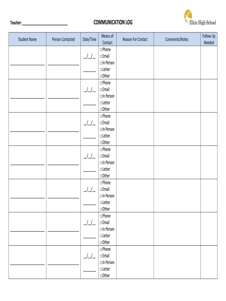 COMMUNICATION LOG Elkin High School  Form