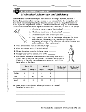 Mechanical Advantage and Efficiency Worksheet  Form