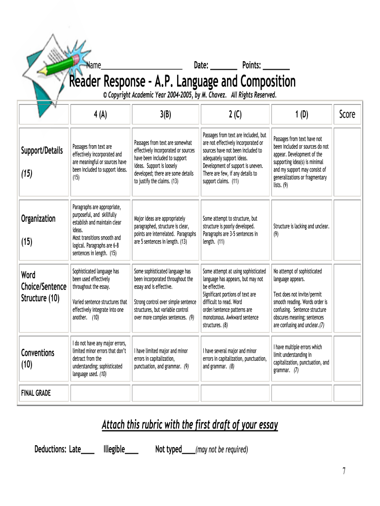 Reader Response Rubric Julian High School  Form