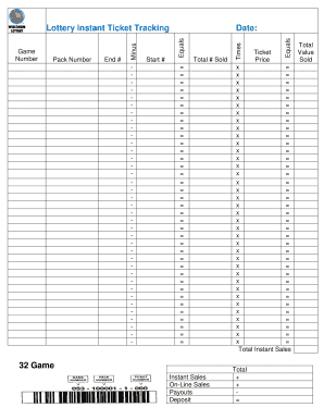 Instant Ticket Tracking Form 32 Game Wisconsin Lottery