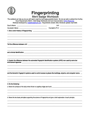 Fingerprinting Merit Badge Worksheet  Form