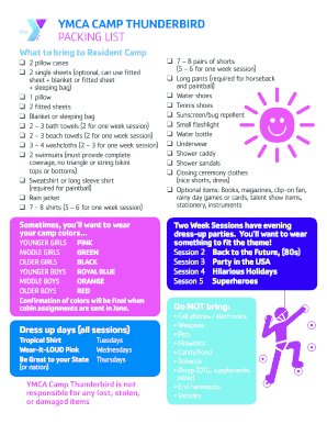 Camp Thunderbird Packing List  Form