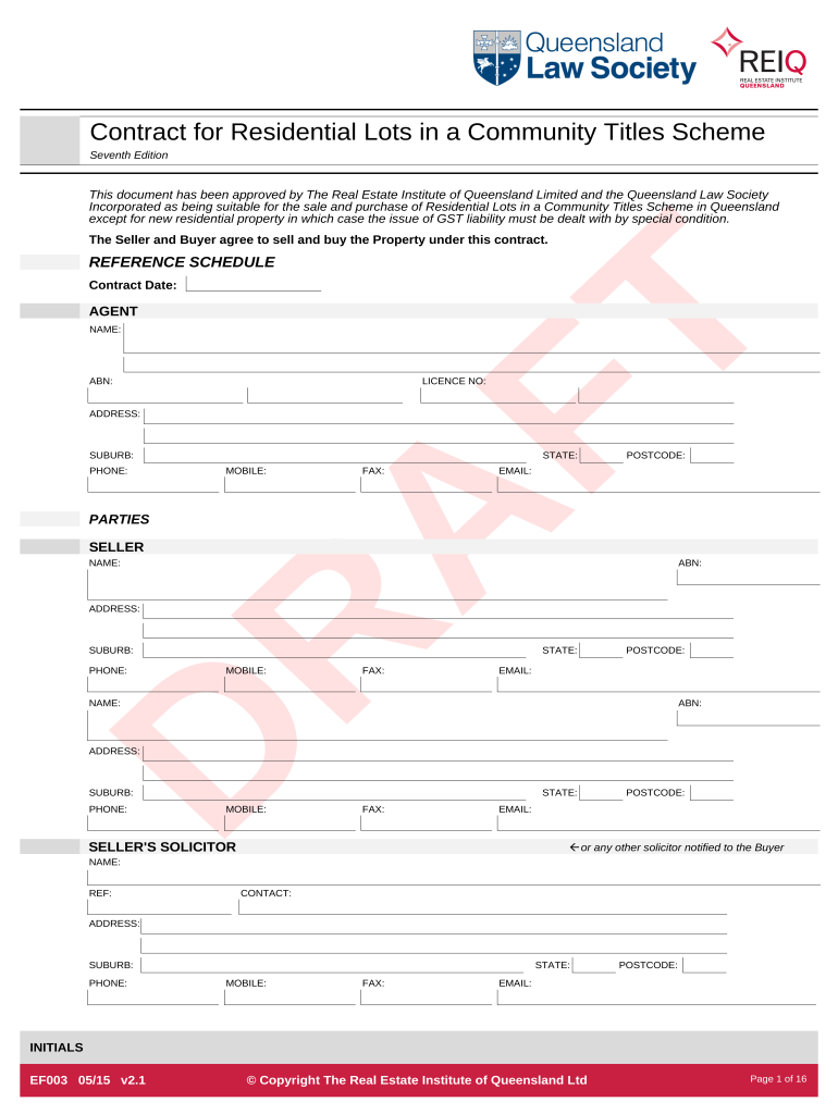Contract for Residential Lots in a Community Titles Scheme  Form