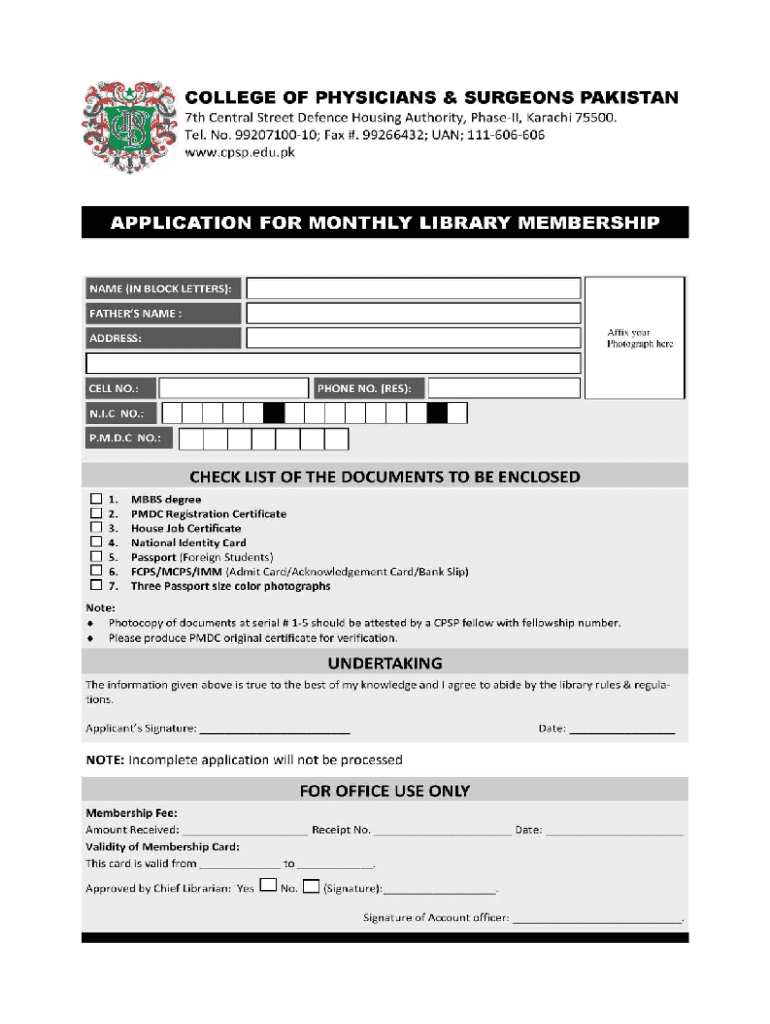 CPSP Application for Monthly Library Membership Form