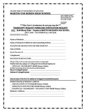 Martin Van Buren High School Transcript Request  Form