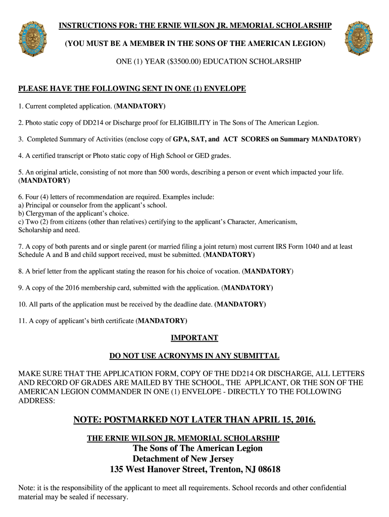  Ernie Wilson Jr Scholarship Application Application for the Ernie    Njsal 2016