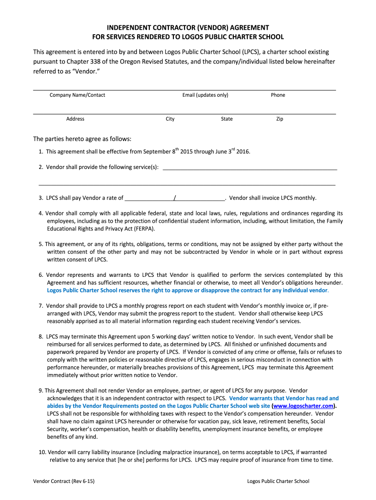  INDEPENDENT CONTRACTOR VENDOR AGREEMENT for SERVICES 2015-2024