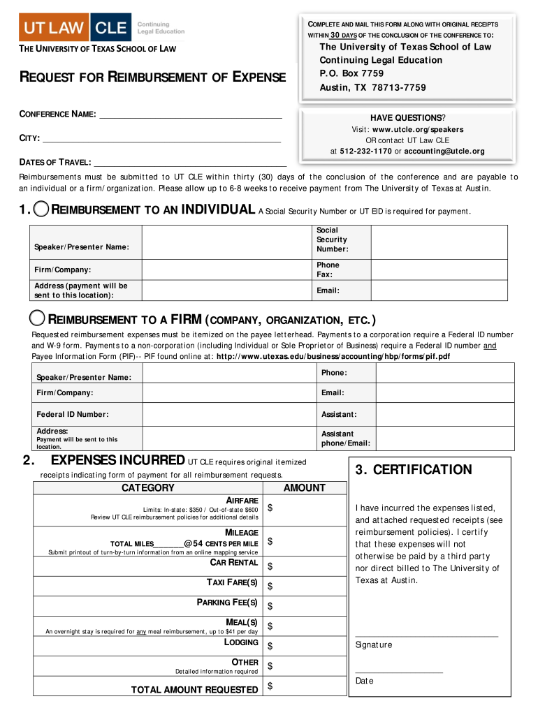  Travel Reimbursement Form and Policies PDF UT Law CLE Utcle 2015