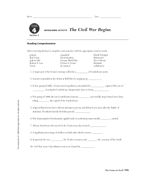 Chapter 11 Section 1 the Civil War Begins Answer Key  Form