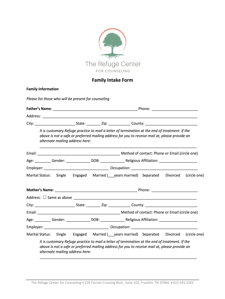 Family Intake Form Refuge Center Refugecenter