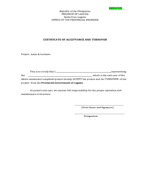 Certificate of Turnover and Acceptance Sample  Form