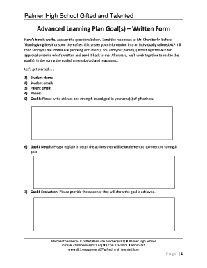 Advanced Learning Plan Goals Written Form Palmer D11