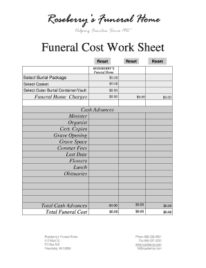 Roseberry&#039;s Funeral Home Funeral Cost Work Sheet  Form