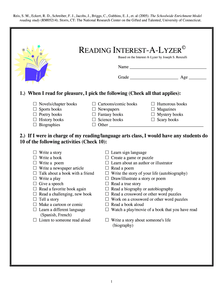 Reading Interest a Lyzer PDF the National Research Center on the Nrcgt Uconn  Form