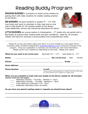 Reading Buddy Program Upper Merion Township  Form