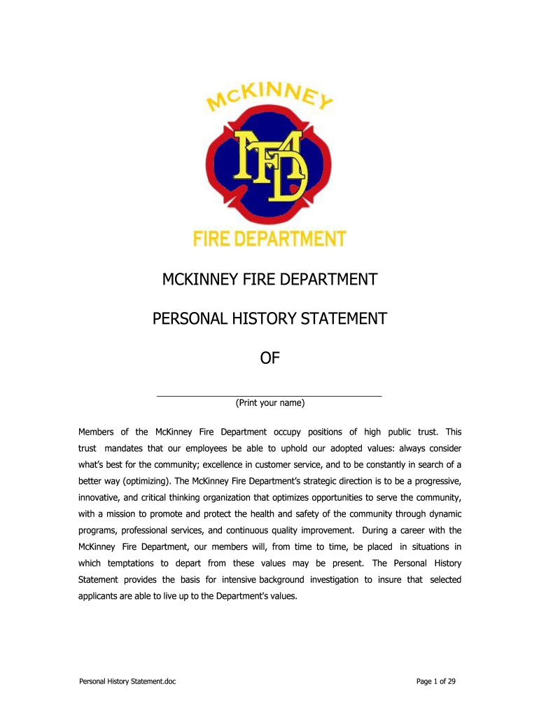 McKinney Fire Department BPersonal Historyb Packet  Mckinneytexas  Form