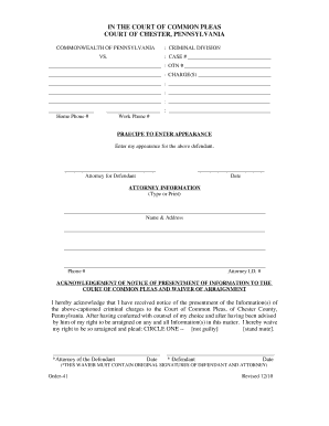 Chester County Waiver of Arraignment  Form