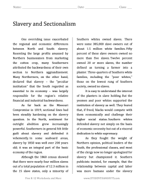 Slavery and Sectionalism Worksheet Answers  Form