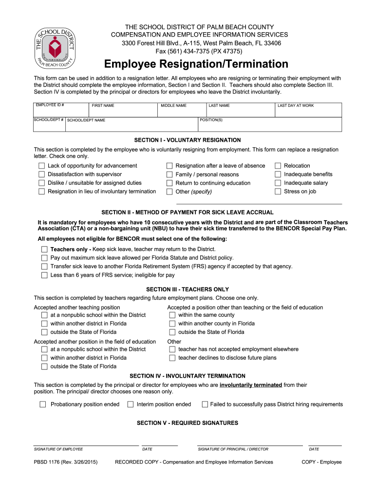  Employee ResignationTermination PBSD 1176 Hremployeejobhirefireresignationterminationemploymentexitretire Palmbeachschools 2015-2024