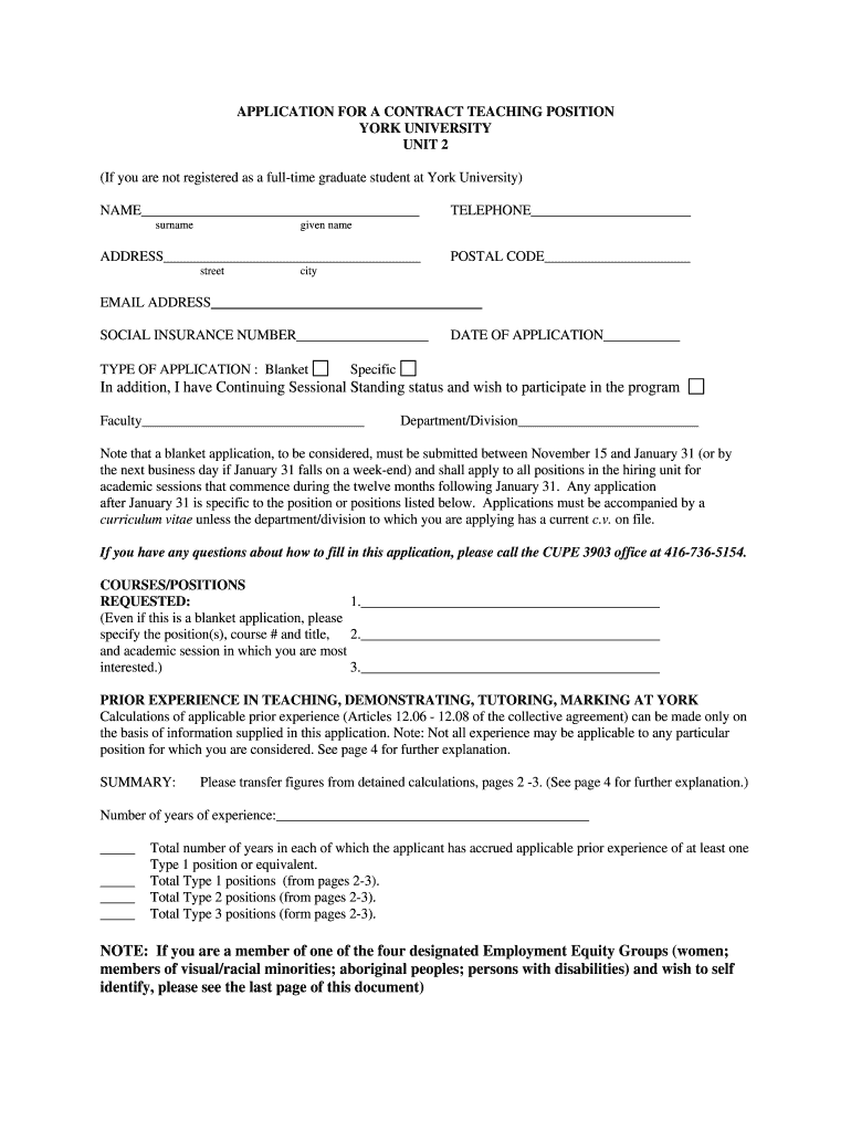 York University Blanket Application  Form