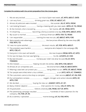 Complete the Sentences with the Correct Prepositions  Form