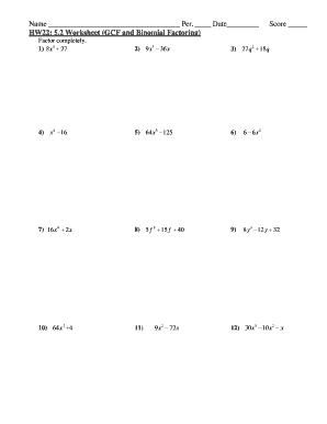 Factoring Binomials Worksheet  Form