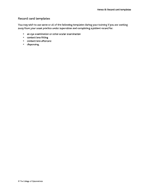 Optometry Record Card Template  Form