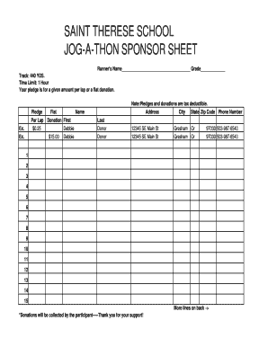 SAINT THERESE SCHOOL JOG a THON SPONSOR SHEET Stthereseschool  Form